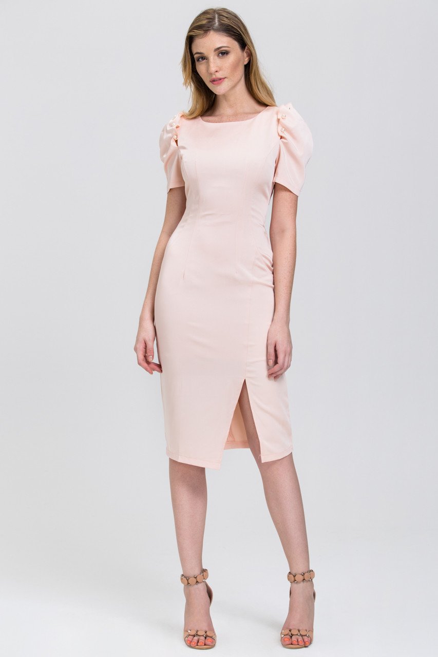 Peach Satin Pearl Sleeve Pencil Midi Dress - ownthelooks-Development