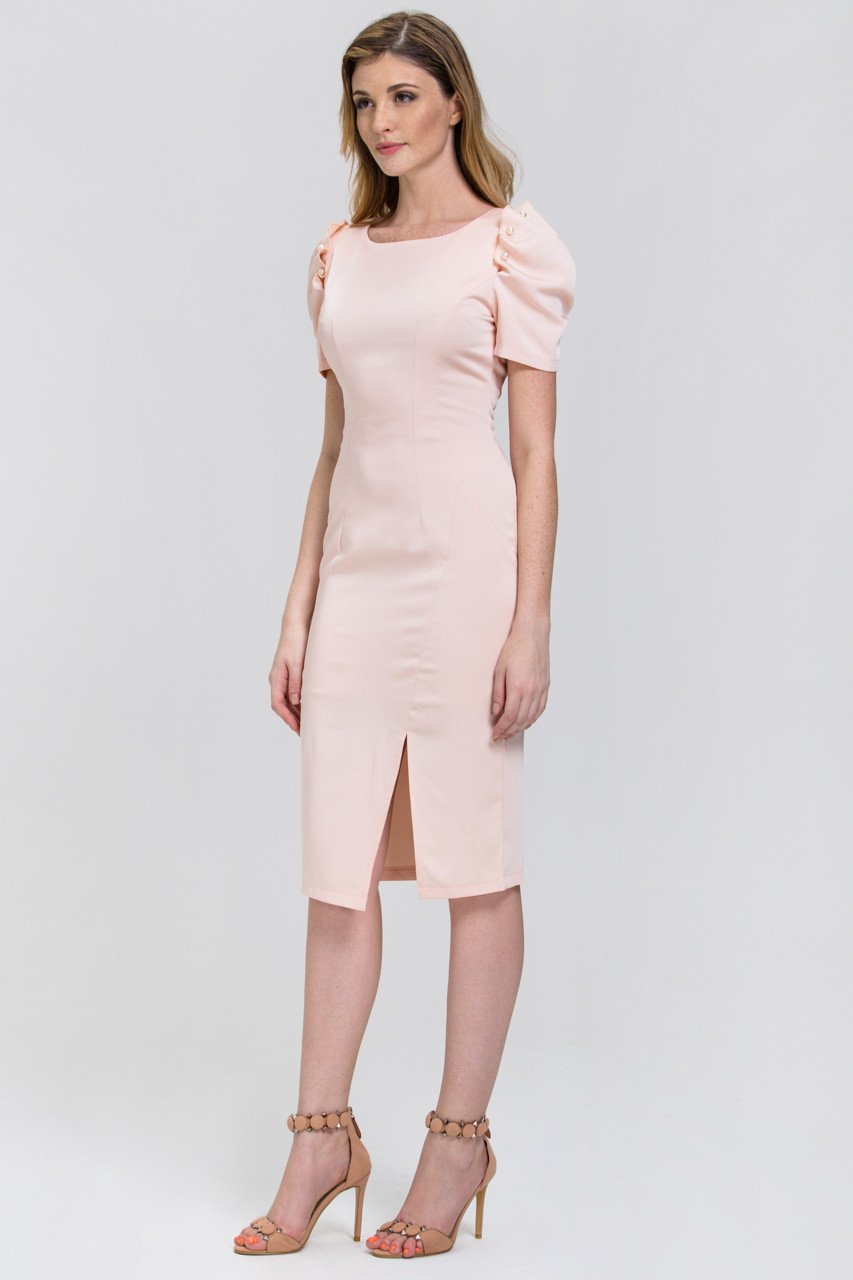 Peach Satin Pearl Sleeve Pencil Midi Dress - ownthelooks-Development