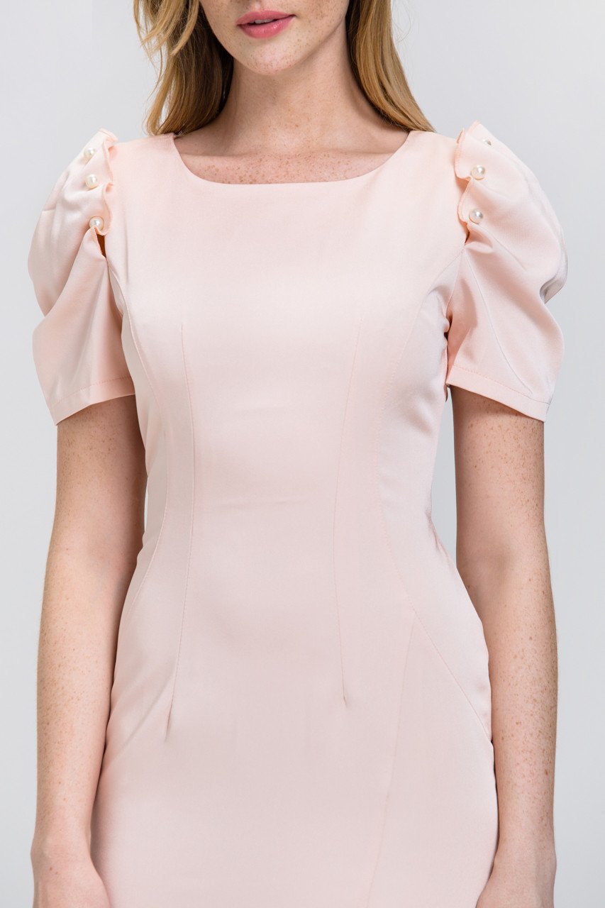 Peach Satin Pearl Sleeve Pencil Midi Dress - ownthelooks-Development
