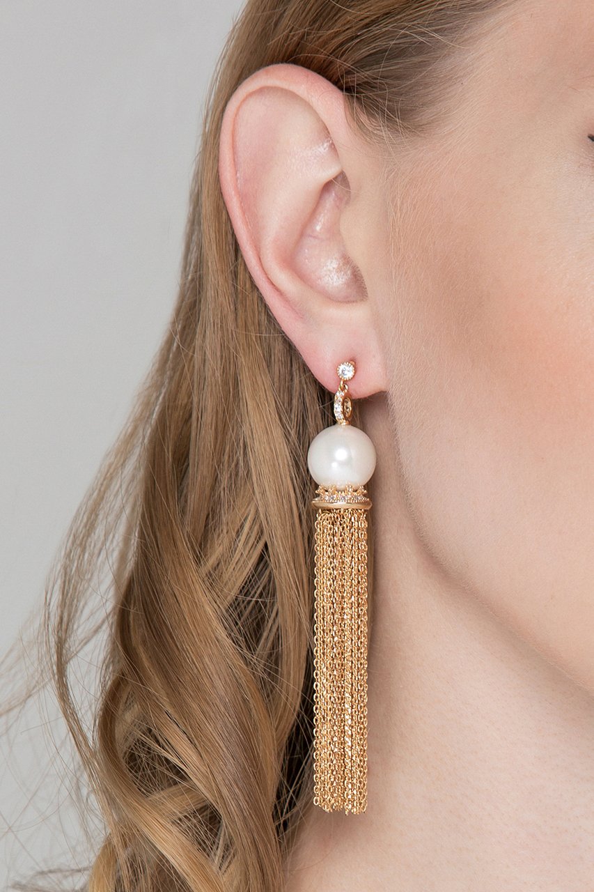 Pearl Crown Chain Tassel Earrings - ownthelooks-Development