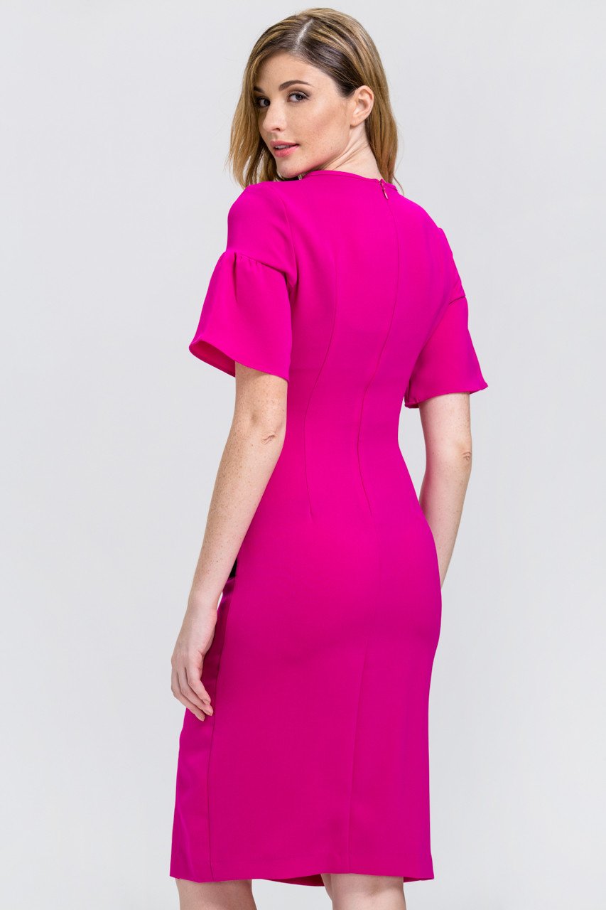 Pink Bell Sleeve Black Flap Pocket Midi Dress - ownthelooks-Development