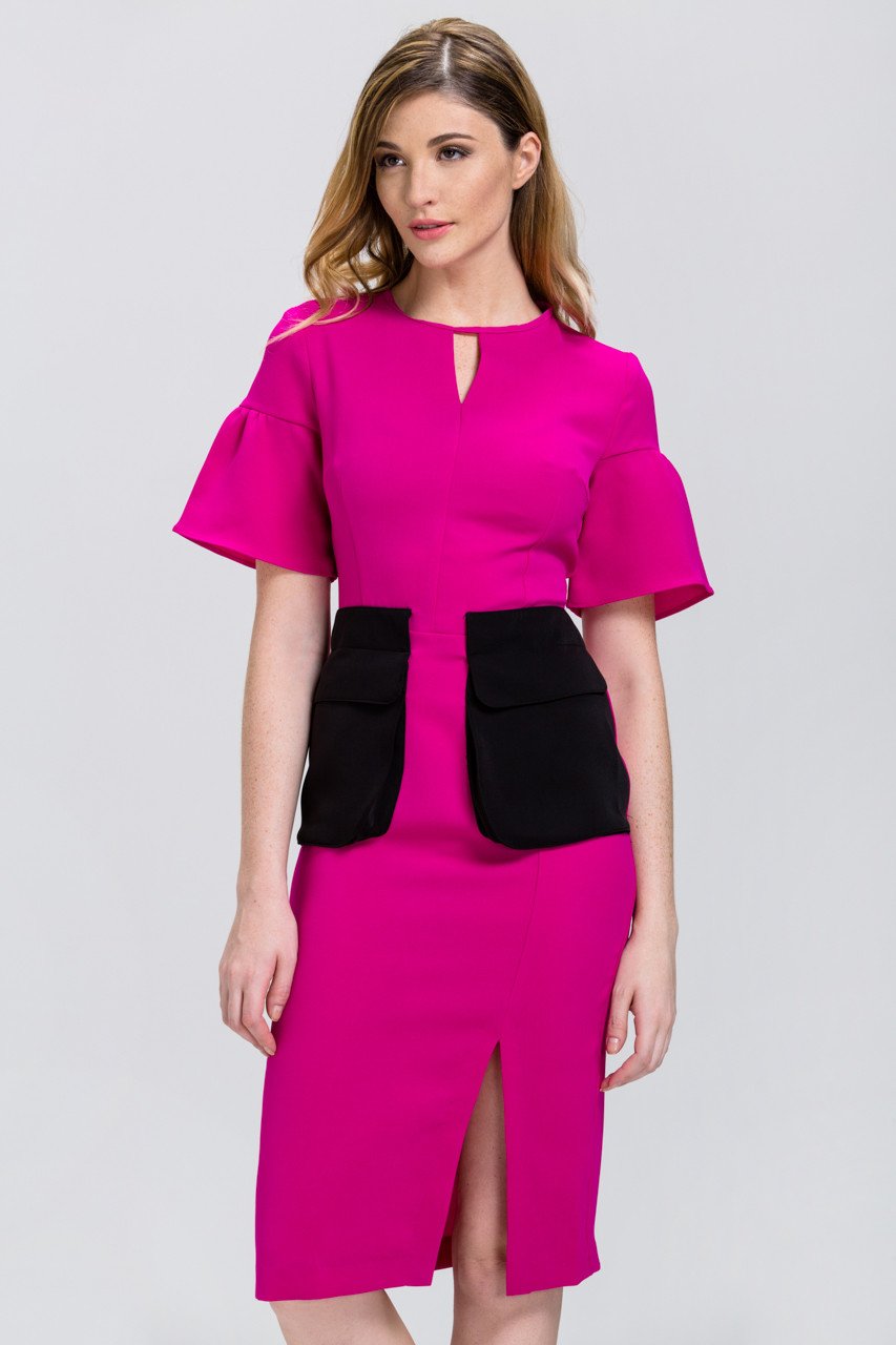 Pink Bell Sleeve Black Flap Pocket Midi Dress - ownthelooks-Development