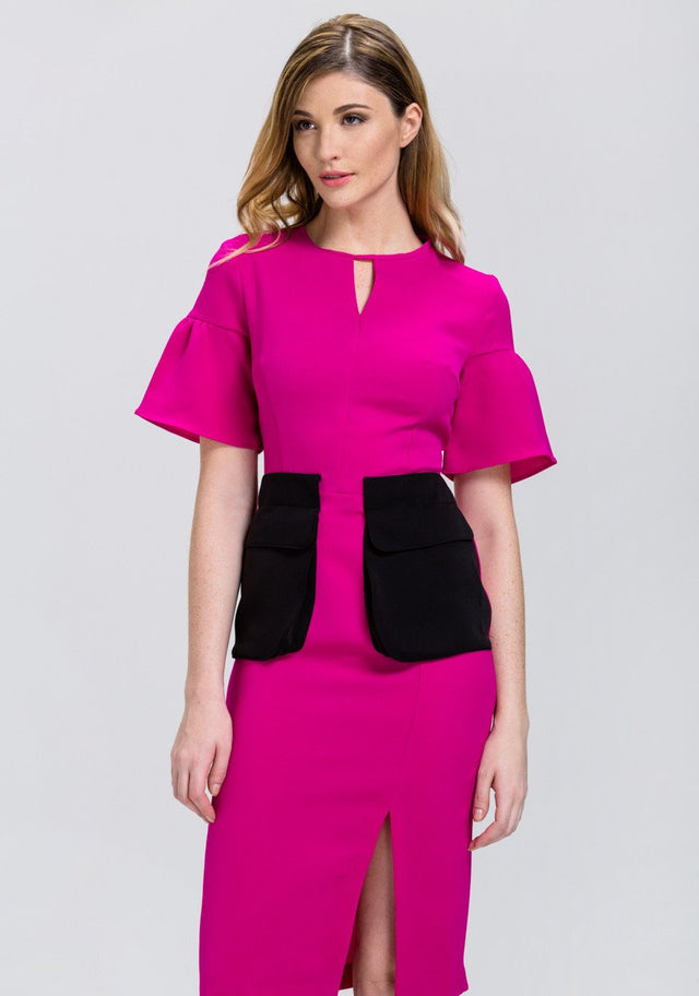 Pink Bell Sleeve Black Flap Pocket Midi Dress - ownthelooks-Development