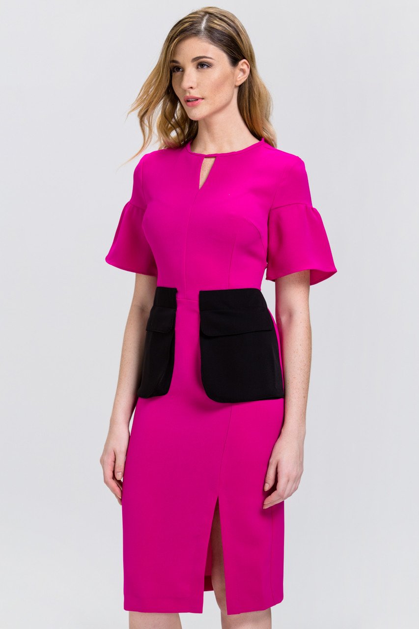 Pink Bell Sleeve Black Flap Pocket Midi Dress - ownthelooks-Development