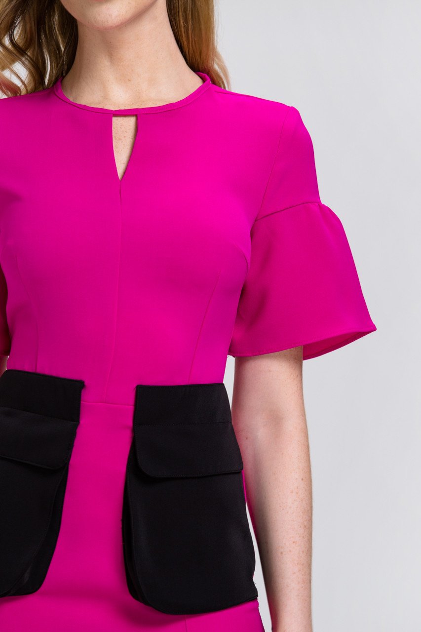 Pink Bell Sleeve Black Flap Pocket Midi Dress - ownthelooks-Development