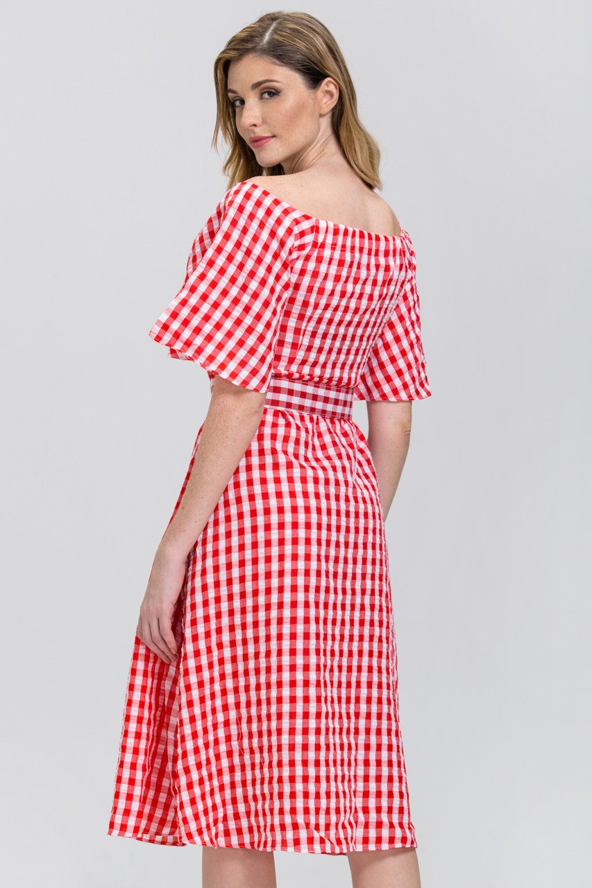 Red Gingham Belted Midi Dress - ownthelooks-Development