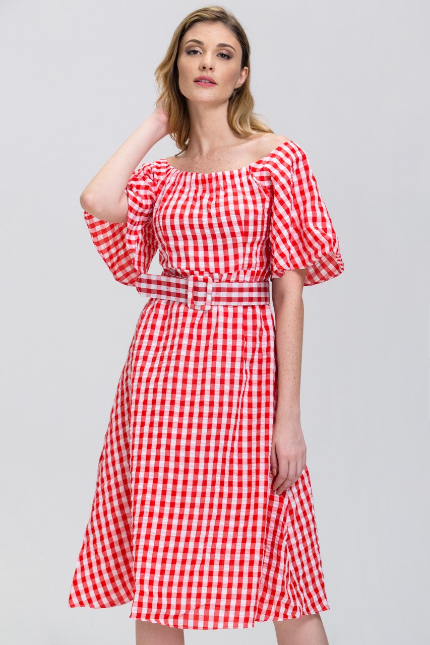 Red Gingham Belted Midi Dress - ownthelooks-Development