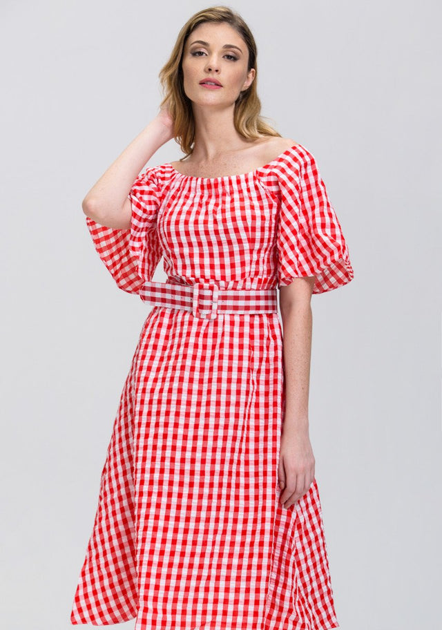 Red Gingham Belted Midi Dress - ownthelooks-Development