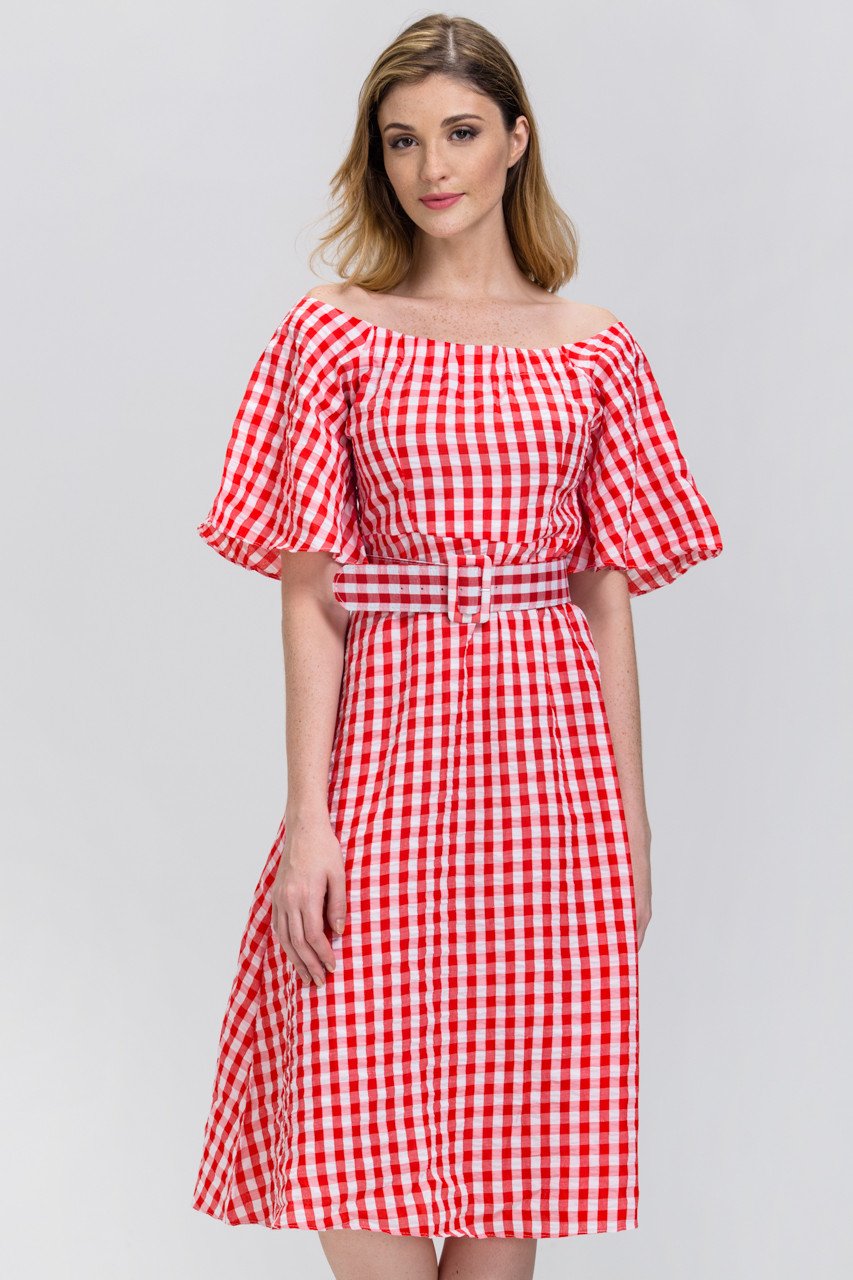 Red Gingham Belted Midi Dress - ownthelooks-Development