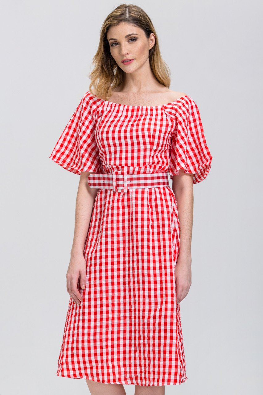 Red Gingham Belted Midi Dress - ownthelooks-Development