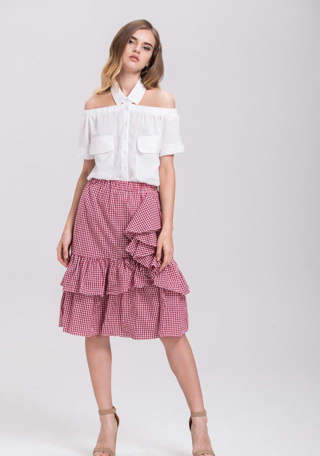 Red Ruffled Gingham Midi Skirt - ownthelooks-Development