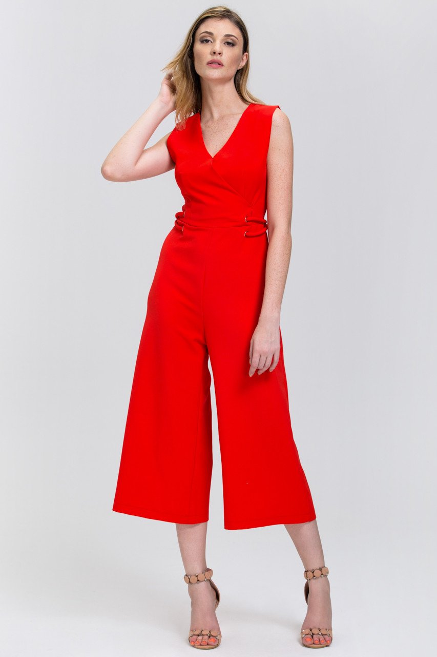 Red Sleeveless Side Lace Palazzo Jumpsuit - ownthelooks-Development
