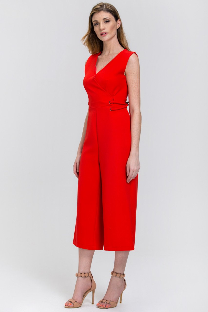 Red Sleeveless Side Lace Palazzo Jumpsuit - ownthelooks-Development