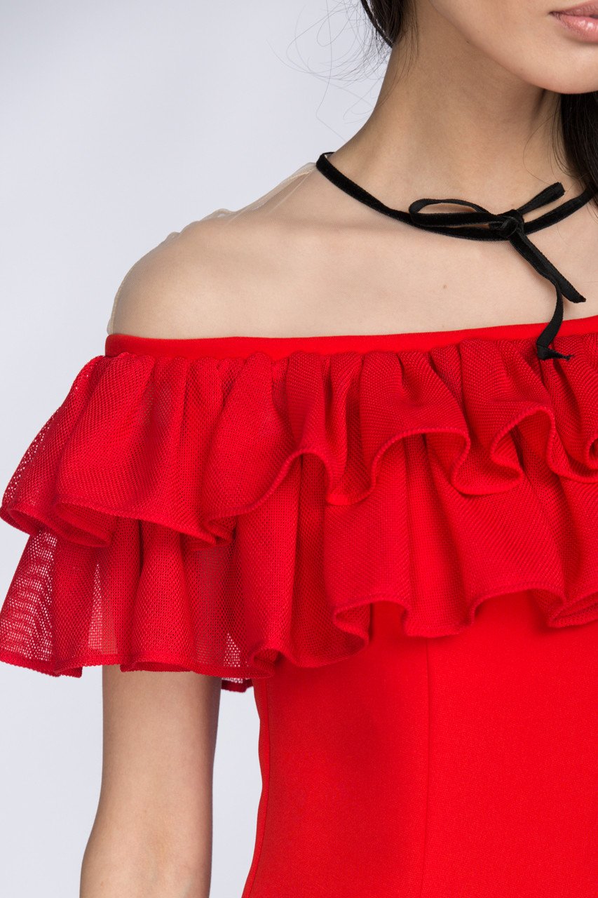 Red Yoke Mesh Ruffle Trumpet Midi Dress - ownthelooks-Development