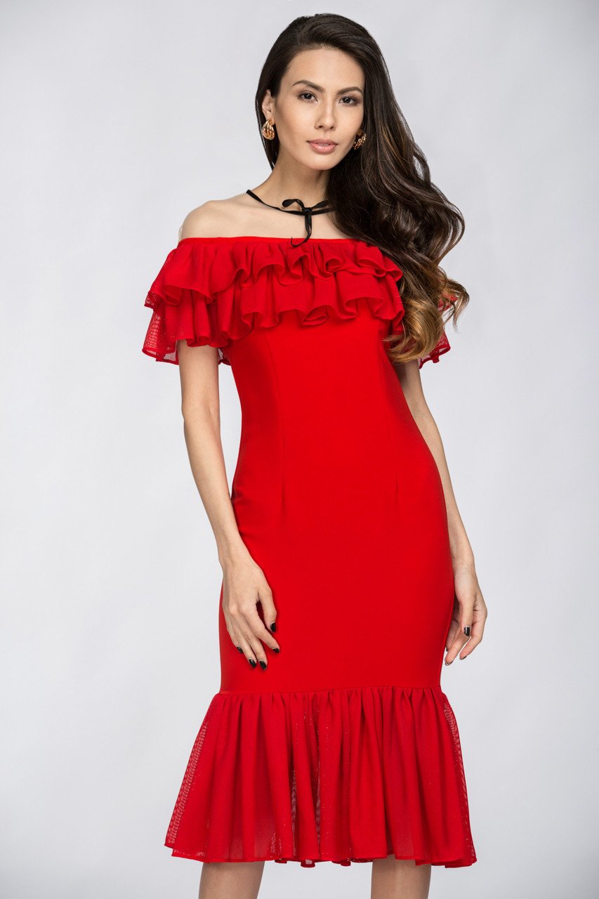 Red Yoke Mesh Ruffle Trumpet Midi Dress - ownthelooks-Development