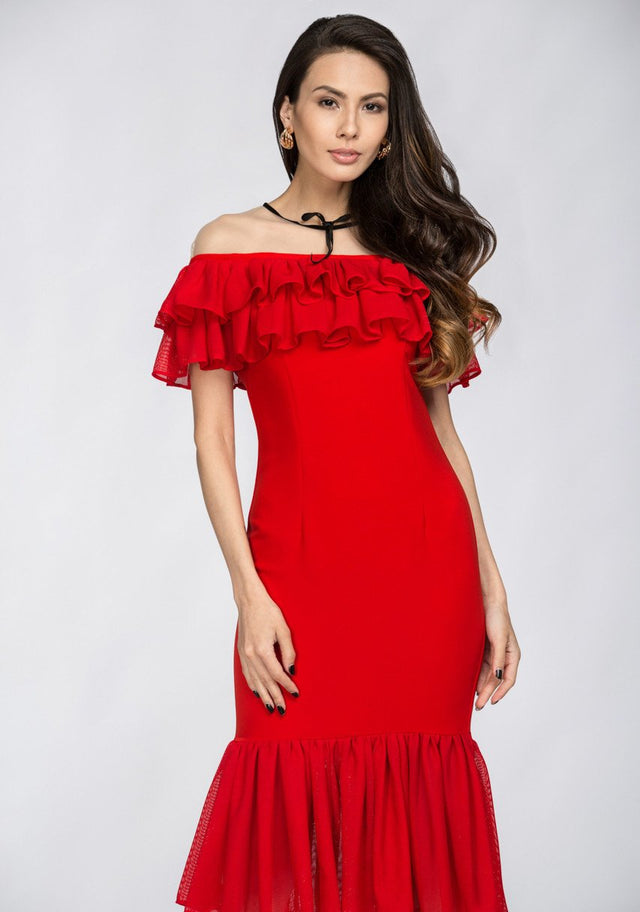 Red Yoke Mesh Ruffle Trumpet Midi Dress - ownthelooks-Development
