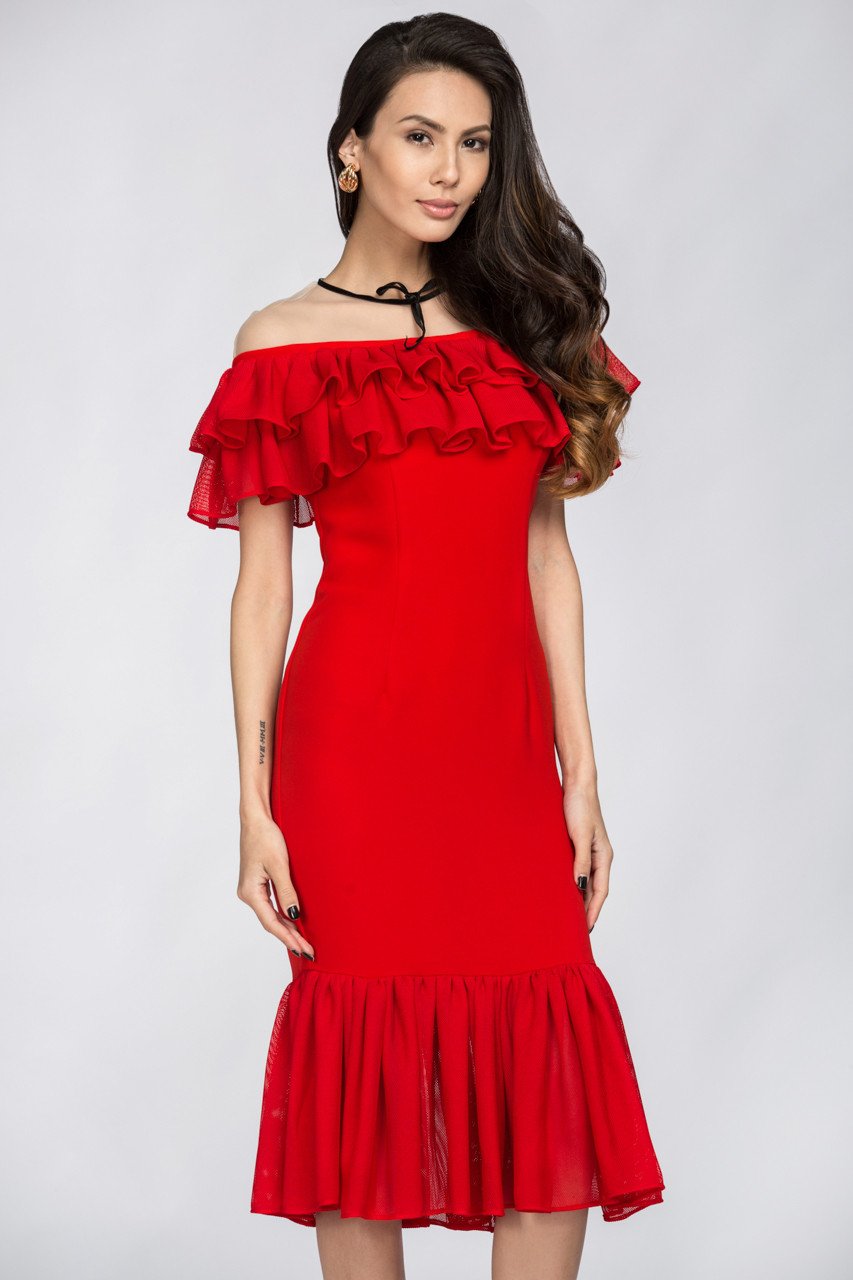 Red Yoke Mesh Ruffle Trumpet Midi Dress - ownthelooks-Development