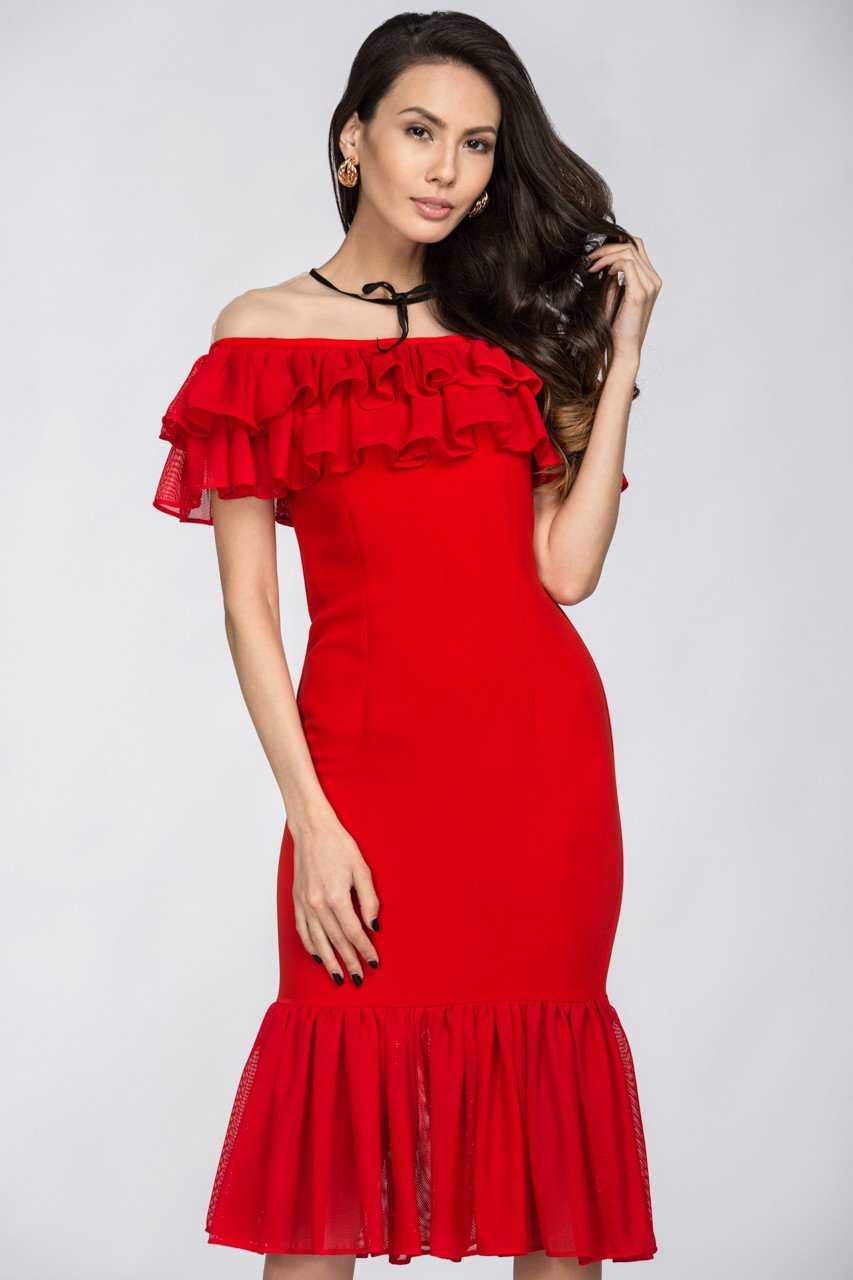 Red Yoke Mesh Ruffle Trumpet Midi Dress - ownthelooks-Development