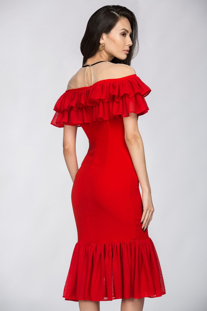 Red Yoke Mesh Ruffle Trumpet Midi Dress - ownthelooks-Development