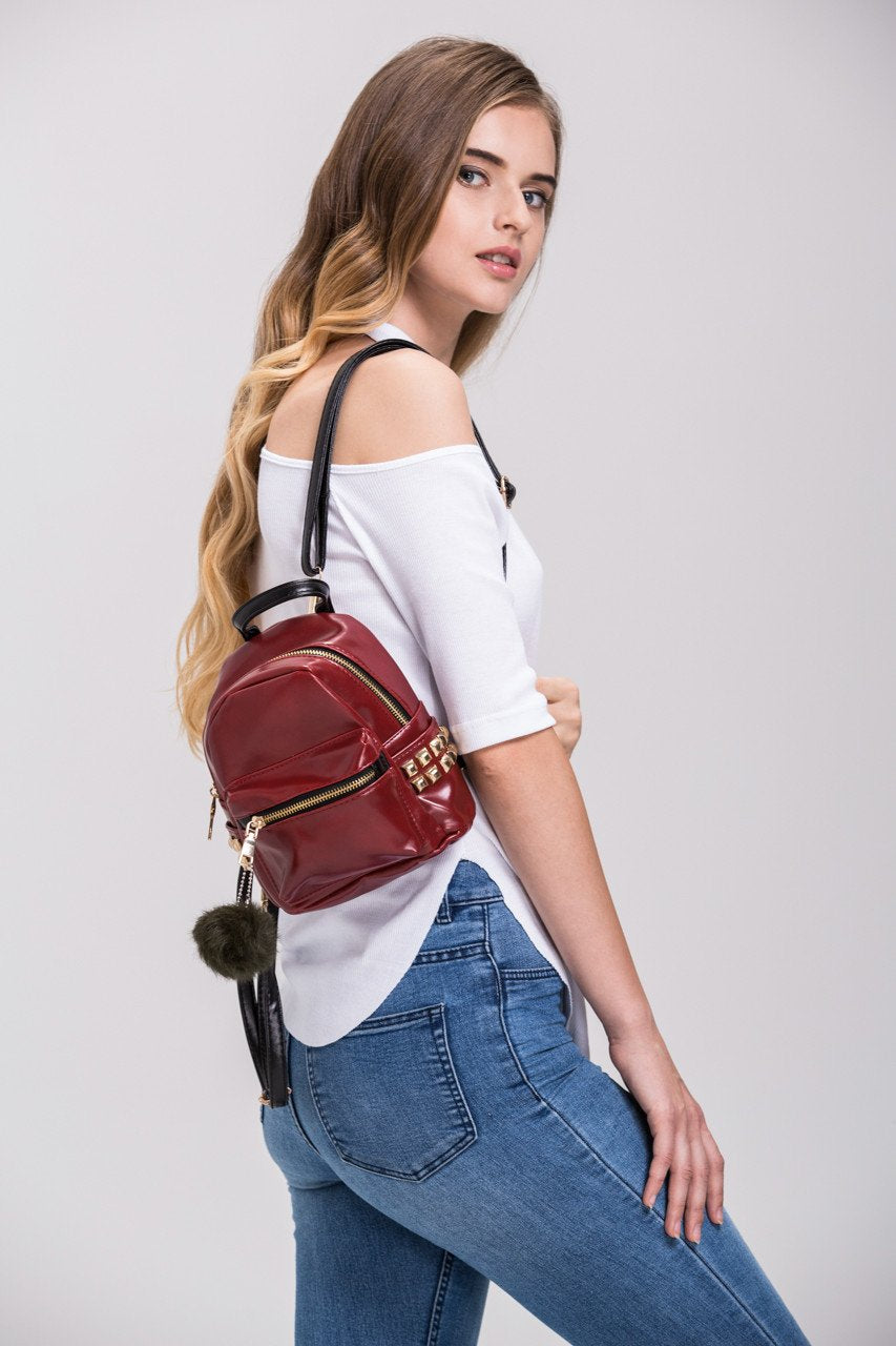 Red and Gold Studded Patent Leather Mini Backpack - ownthelooks-Development