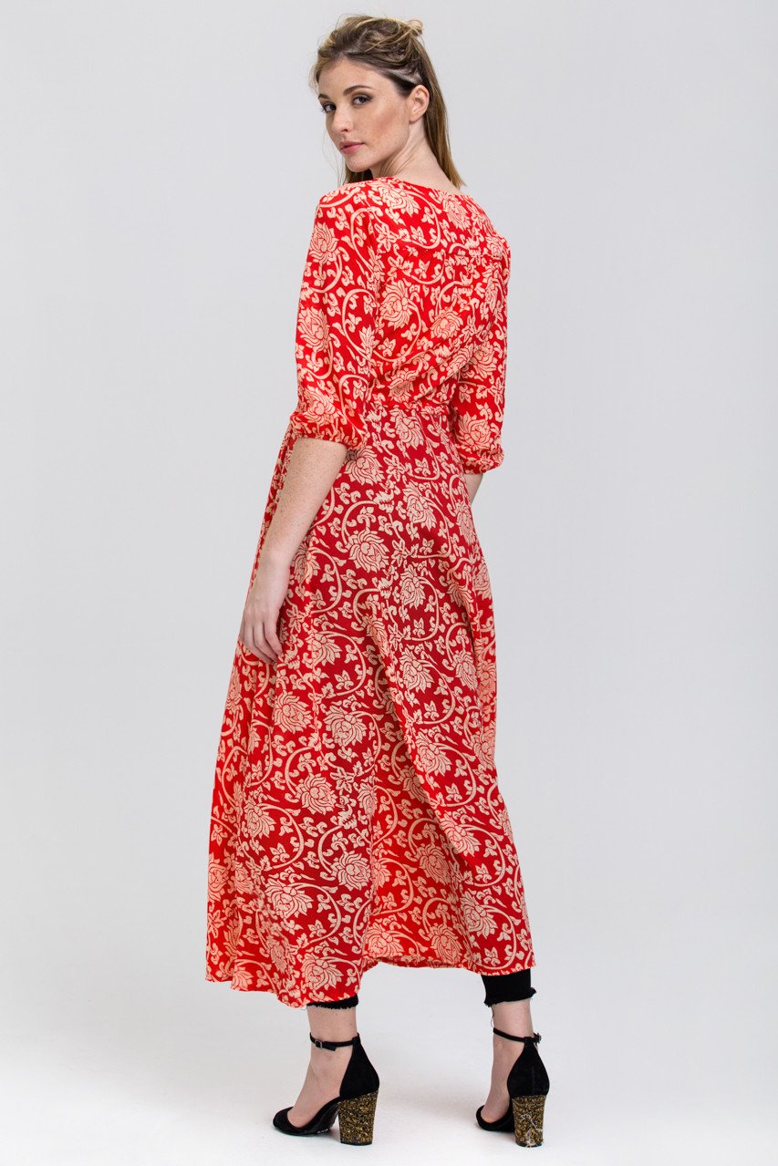 Red floral print Sheer Button down Sleeved Maxi Top - ownthelooks-Development