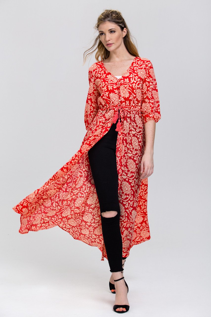 Red floral print Sheer Button down Sleeved Maxi Top - ownthelooks-Development