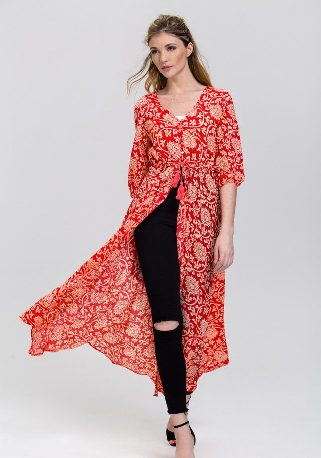 Red floral print Sheer Button down Sleeved Maxi Top - ownthelooks-Development