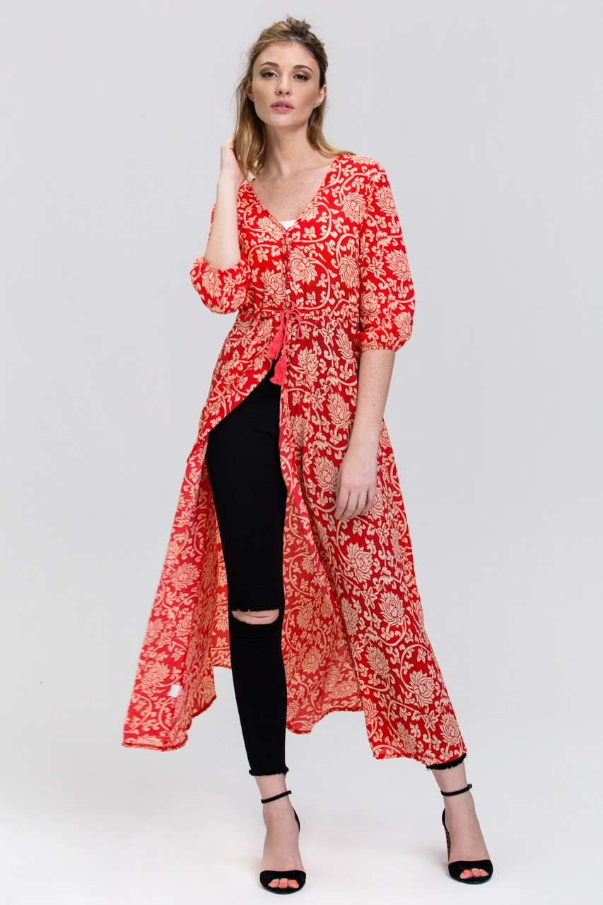 Red floral print Sheer Button down Sleeved Maxi Top - ownthelooks-Development