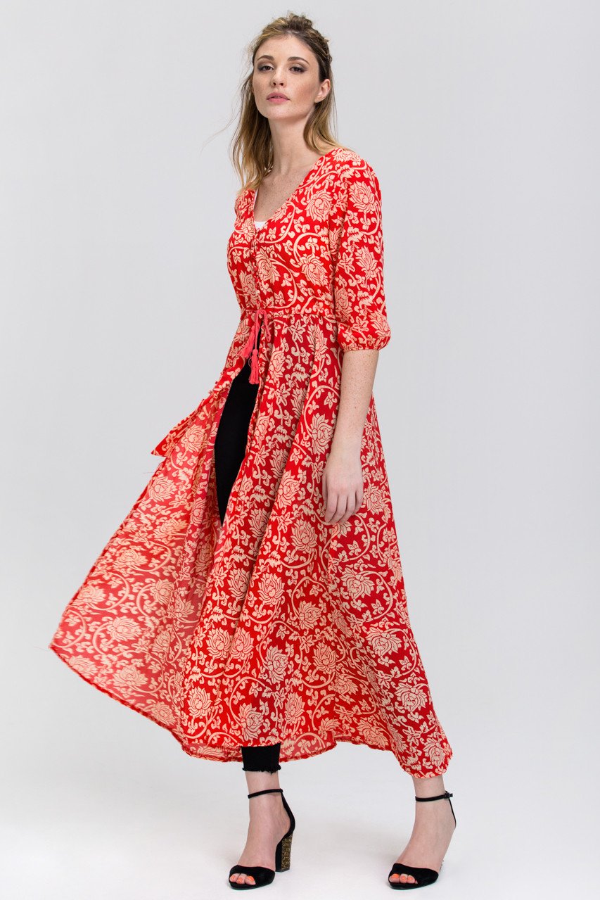 Red floral print Sheer Button down Sleeved Maxi Top - ownthelooks-Development