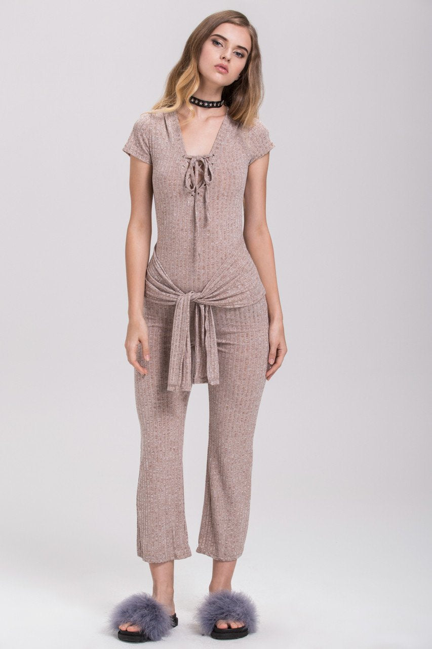 Rania Fawaz - Sand Deep V-neck Tie Waist Cotton Jumpsuit - ownthelooks-Development
