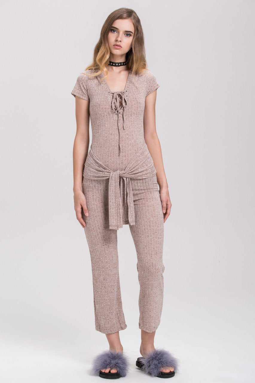 Rania Fawaz - Sand Deep V-neck Tie Waist Cotton Jumpsuit - ownthelooks-Development