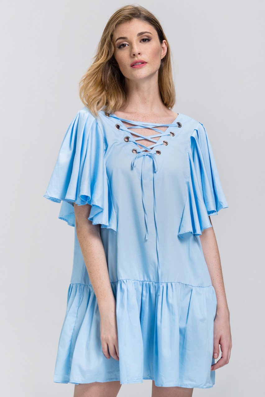Sky Blue V-Lace Up Ruffled Tunic Mini Dress - ownthelooks-Development
