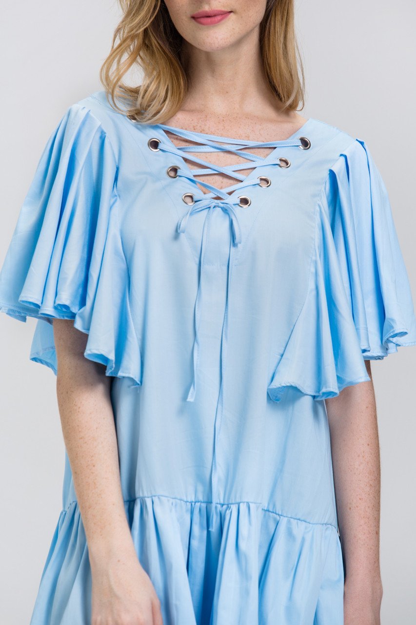 Sky Blue V-Lace Up Ruffled Tunic Mini Dress - ownthelooks-Development