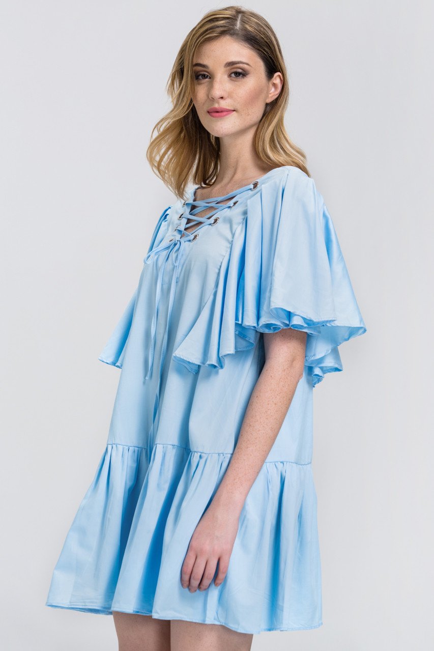 Sky Blue V-Lace Up Ruffled Tunic Mini Dress - ownthelooks-Development