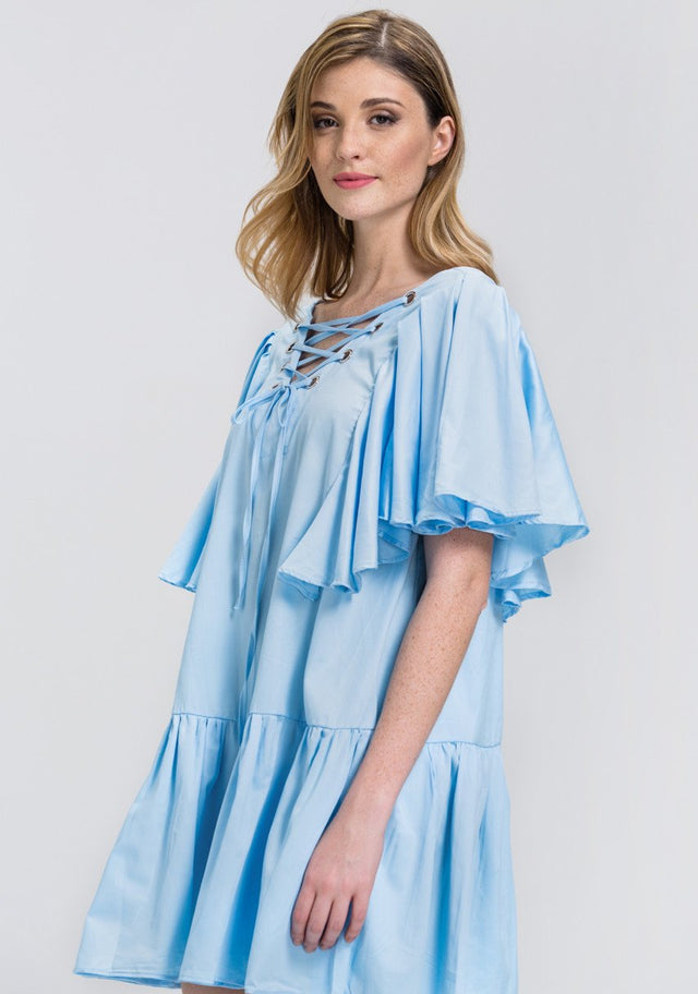 Sky Blue V-Lace Up Ruffled Tunic Mini Dress - ownthelooks-Development