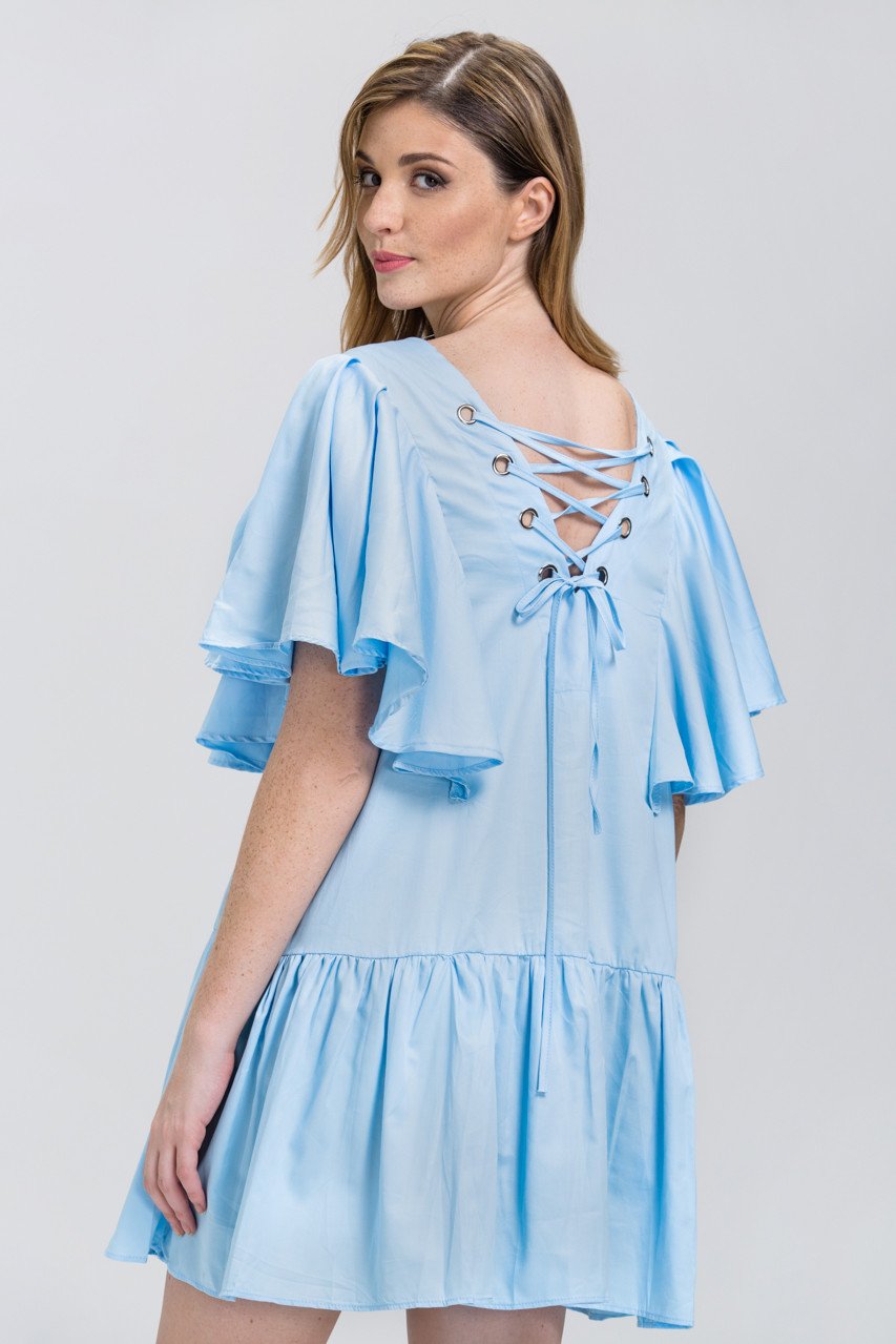 Sky Blue V-Lace Up Ruffled Tunic Mini Dress - ownthelooks-Development