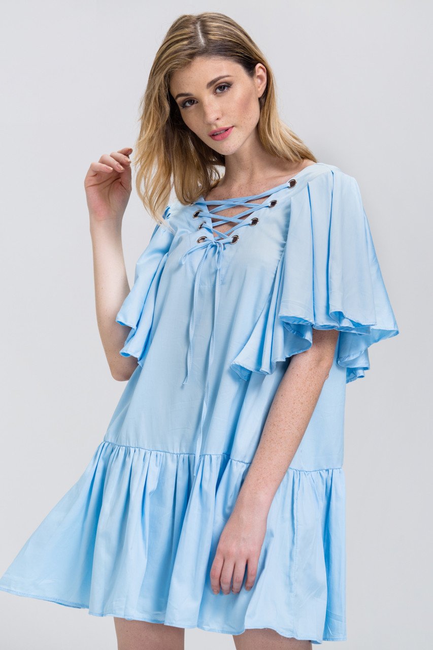 Sky Blue V-Lace Up Ruffled Tunic Mini Dress - ownthelooks-Development