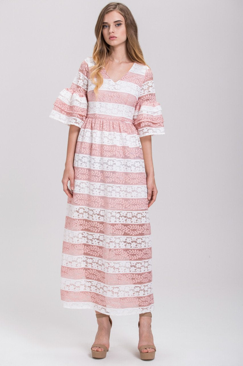 Striped Pink Lace Tiered Ruffle Sleeved Maxi Dress - ownthelooks-Development