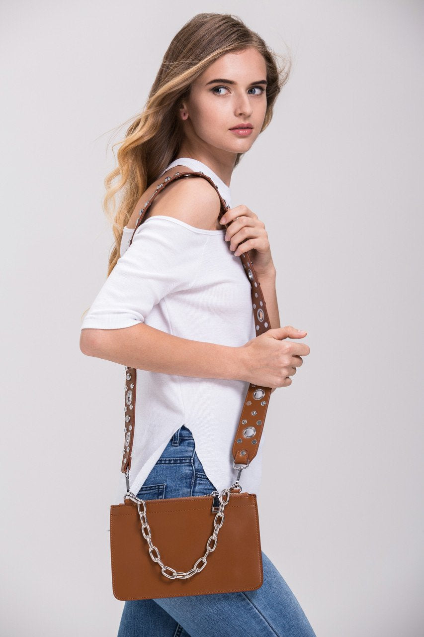 Tan Studded Wide Strap Crossbody Sling Purse - ownthelooks-Development