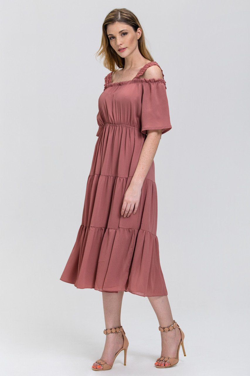 Terracotta Lace Strap Off the Shoulder Midi Dress - ownthelooks-Development