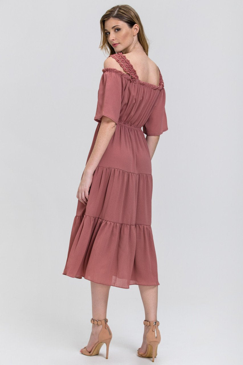 Terracotta Lace Strap Off the Shoulder Midi Dress - ownthelooks-Development