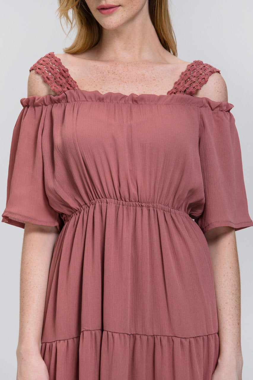 Terracotta Lace Strap Off the Shoulder Midi Dress - ownthelooks-Development