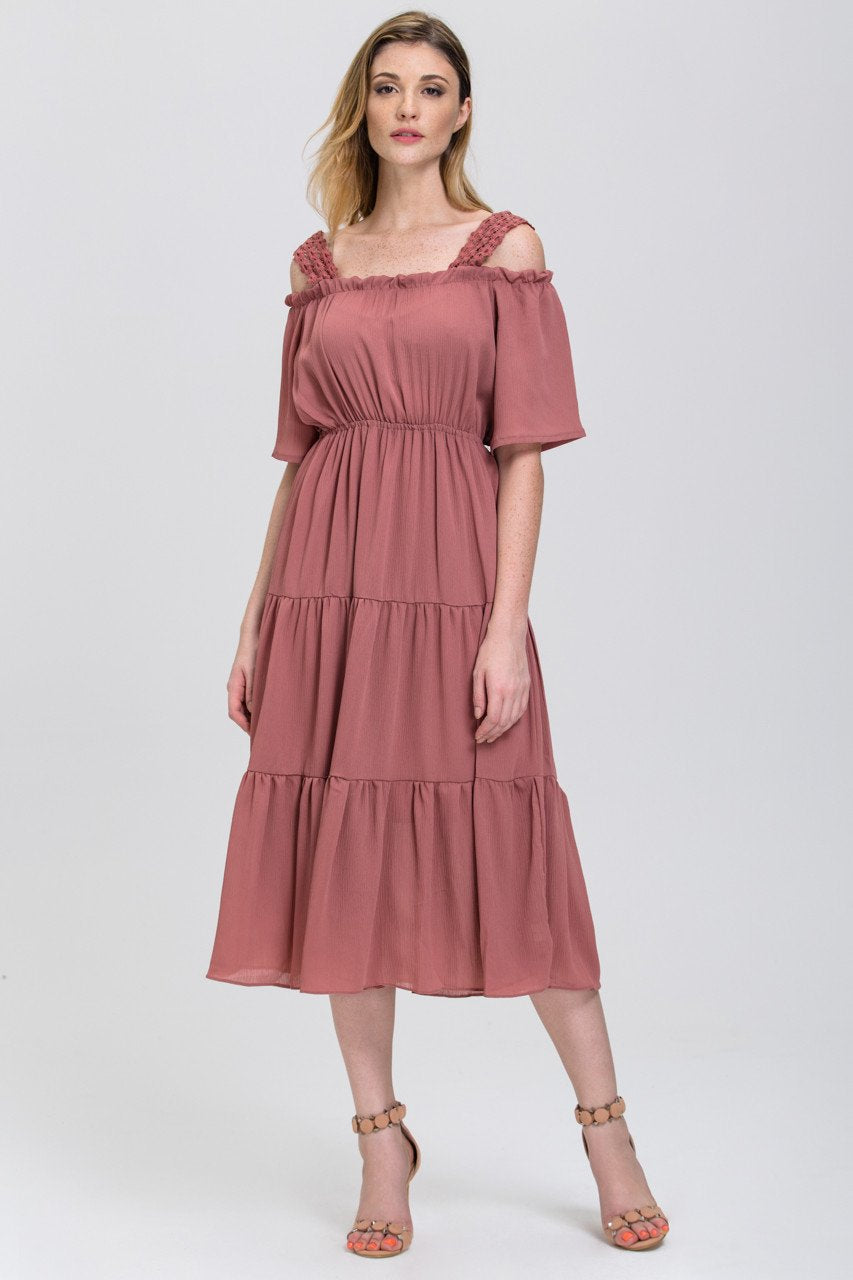 Terracotta Lace Strap Off the Shoulder Midi Dress - ownthelooks-Development