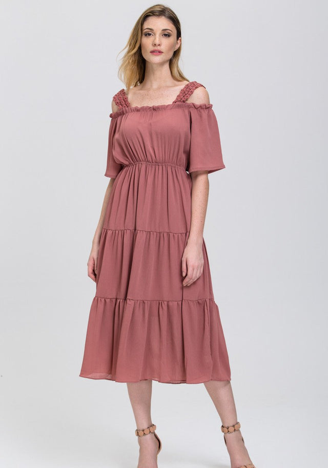 Terracotta Lace Strap Off the Shoulder Midi Dress - ownthelooks-Development