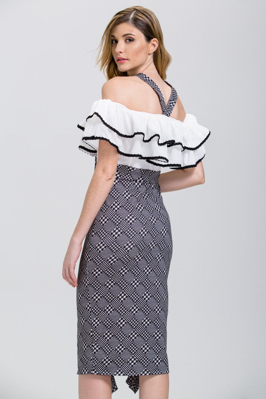 The Real Fouz - Houndstooth Ruffled Off the Shoulder Pencil Midi Dress - ownthelooks-Development