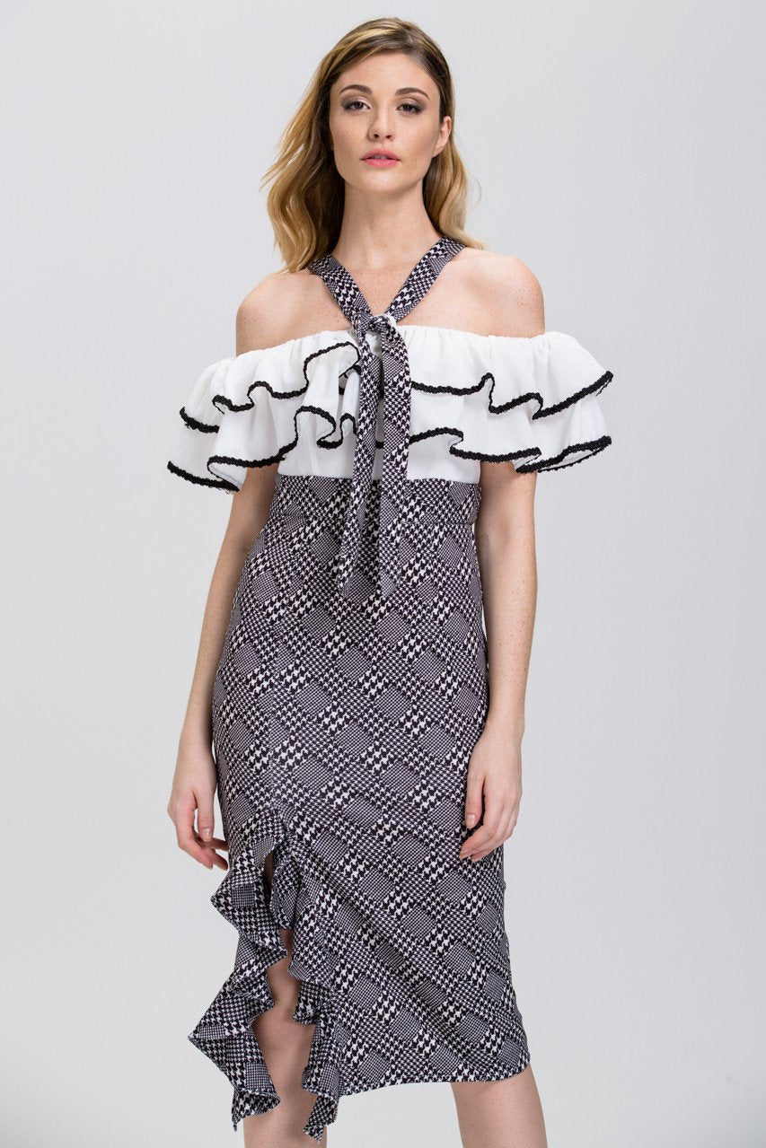 The Real Fouz - Houndstooth Ruffled Off the Shoulder Pencil Midi Dress - ownthelooks-Development
