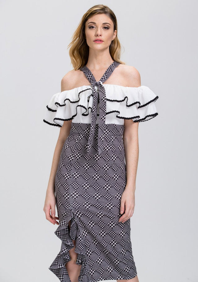 The Real Fouz - Houndstooth Ruffled Off the Shoulder Pencil Midi Dress - ownthelooks-Development