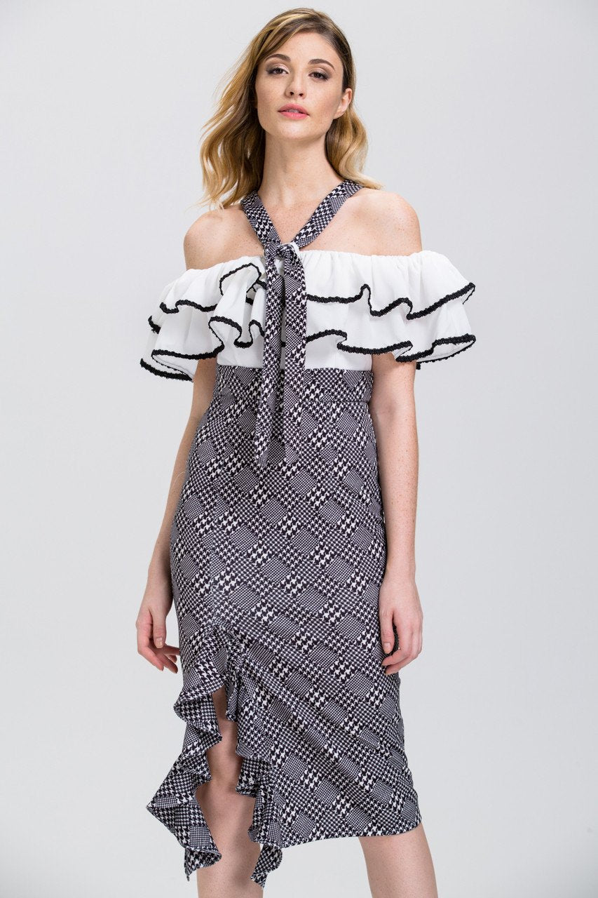 The Real Fouz - Houndstooth Ruffled Off the Shoulder Pencil Midi Dress - ownthelooks-Development