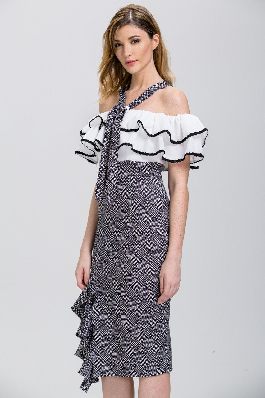 The Real Fouz - Houndstooth Ruffled Off the Shoulder Pencil Midi Dress - ownthelooks-Development