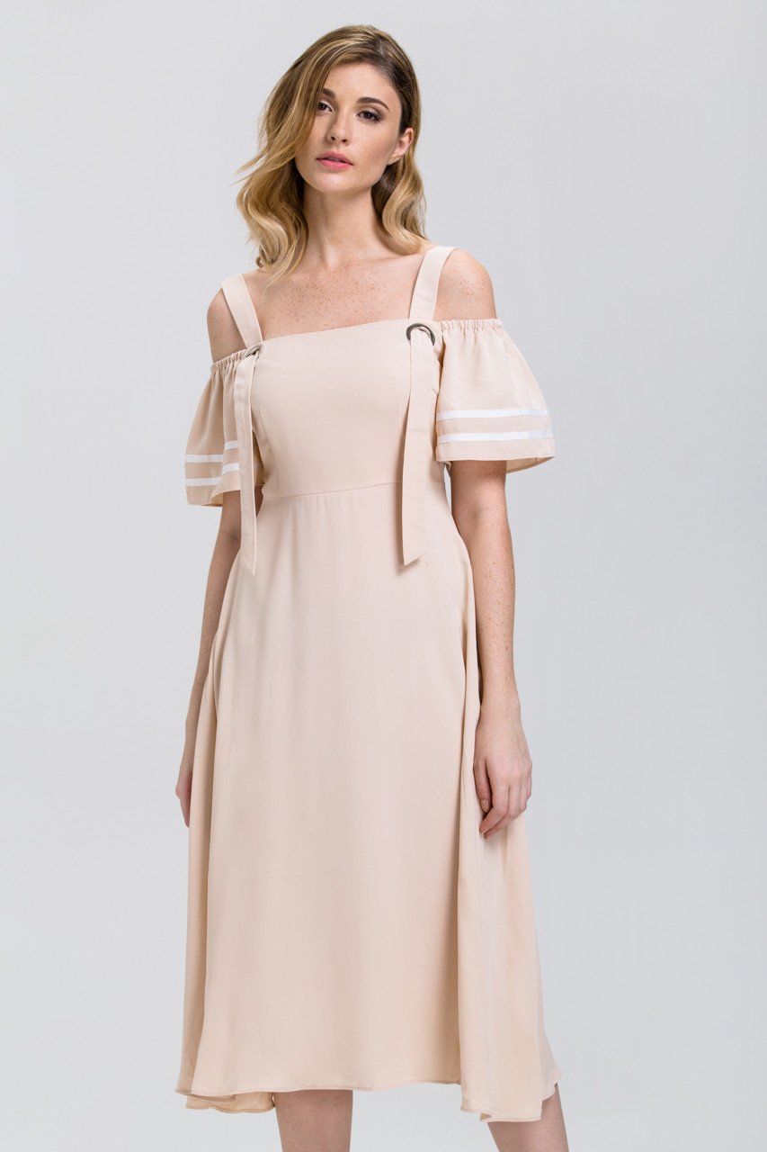 The Real Fouz - Nude Ring Strap off the Shoulder Midi Dress - ownthelooks-Development